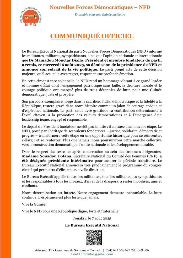Communiqué NFD sur le départ de Mouctar Diallo
