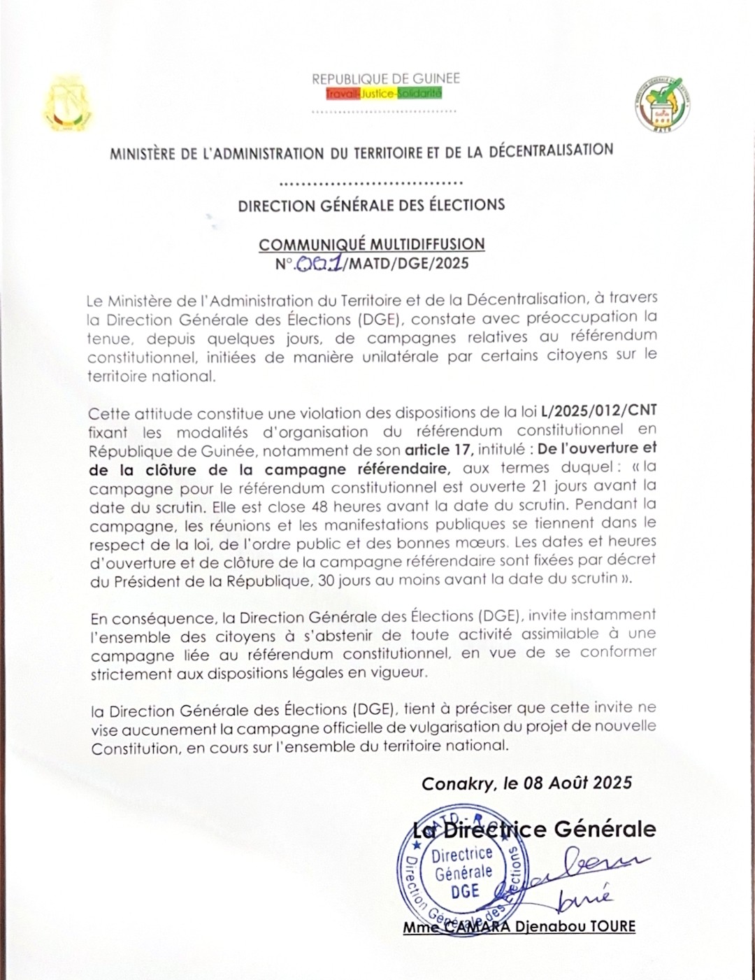 Communiqué DGE