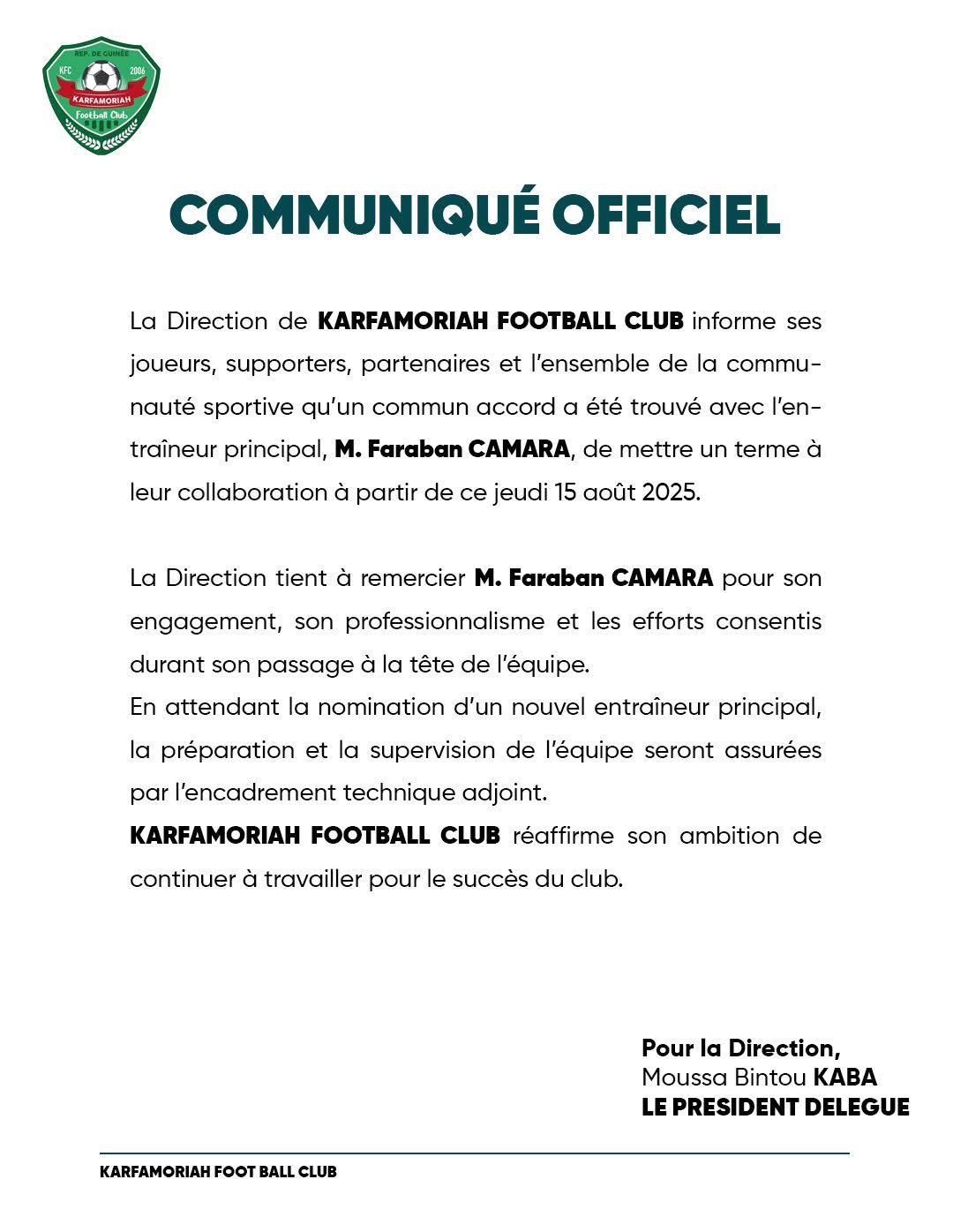 Communiqué Karfamoriah FC sur sa séparation avec son entraîneur 