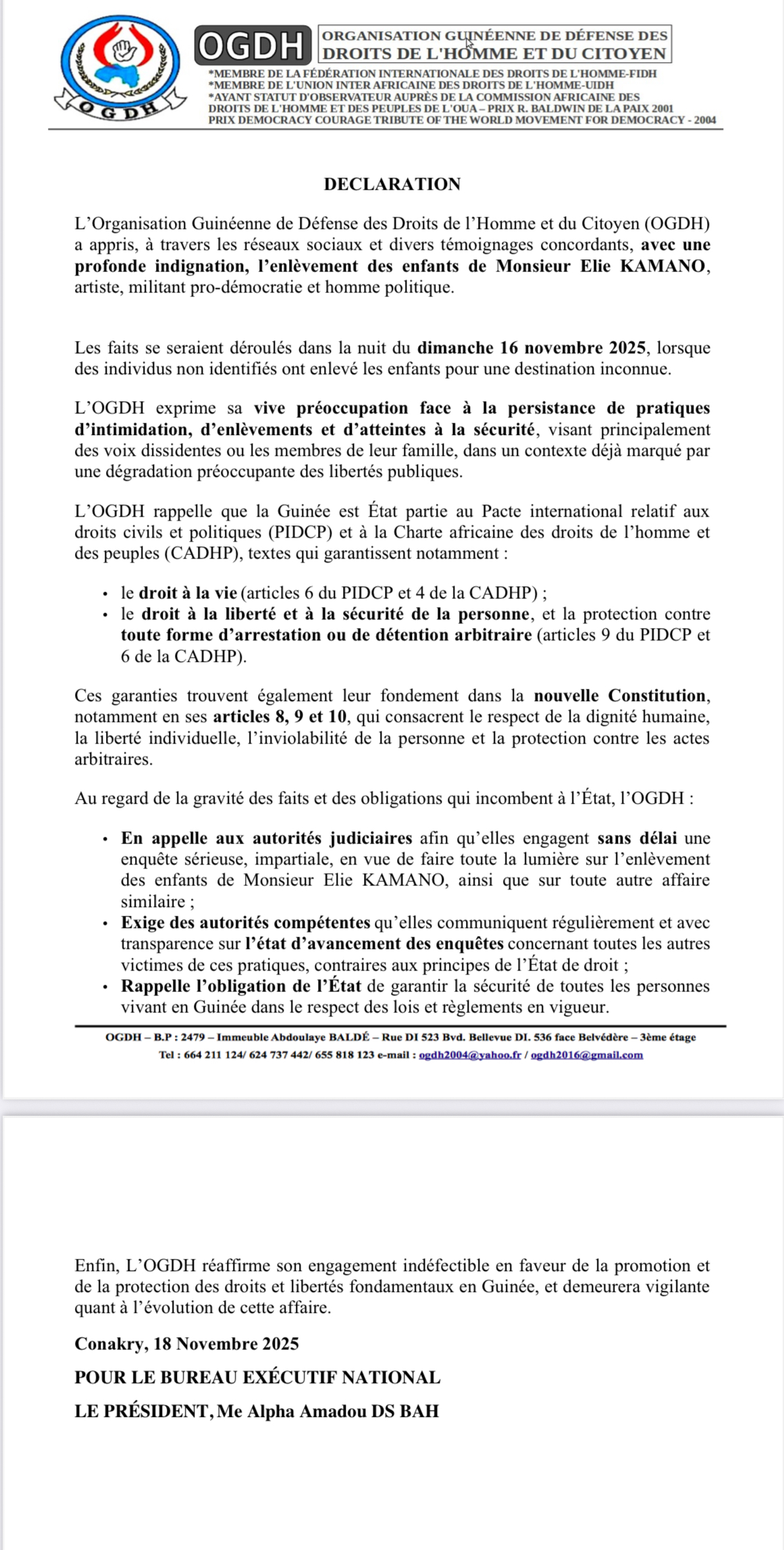 Communiqué OGDH/ enlèvement, Elie Kamano
