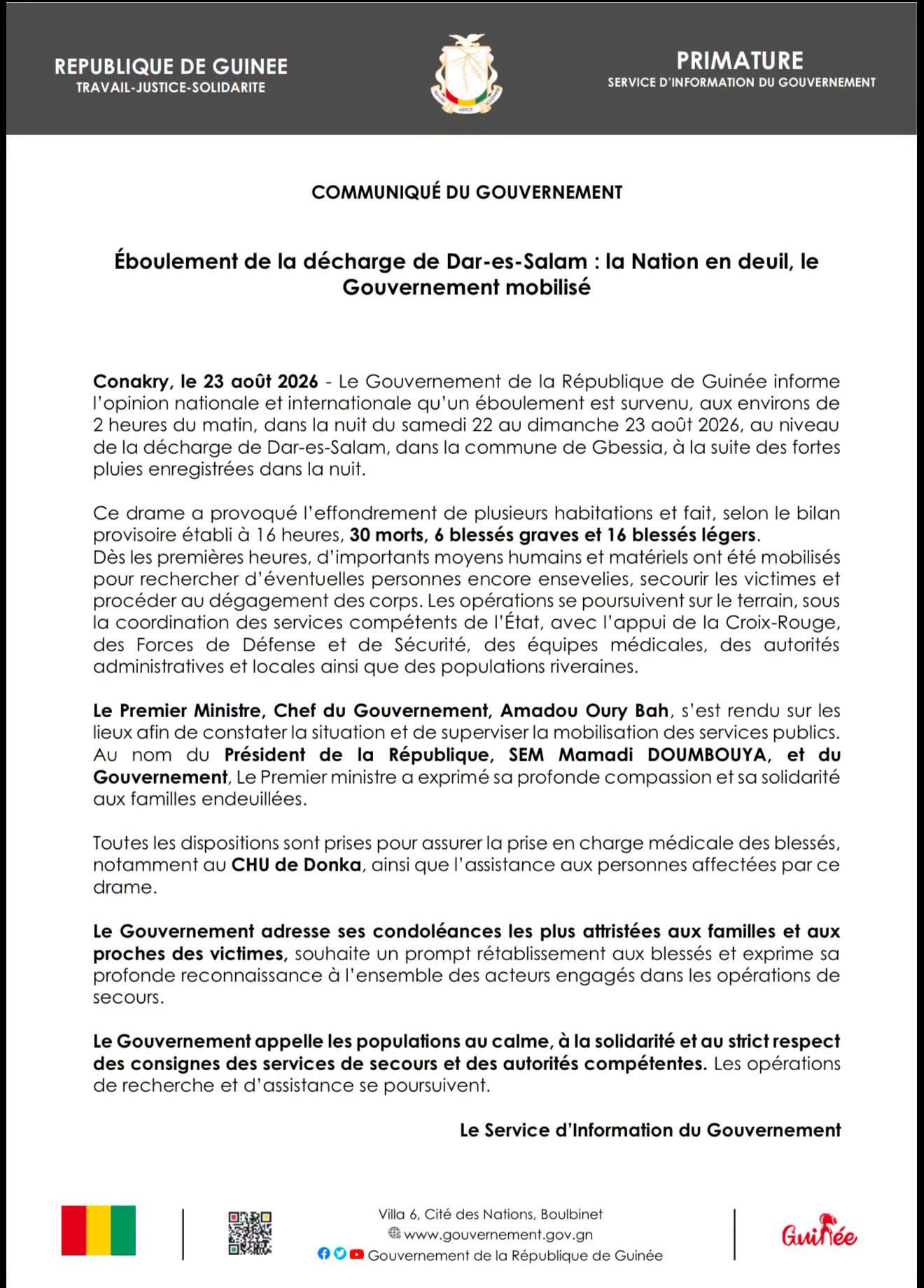 Communiqué sûr éboulement décharge Dar Es Salam 